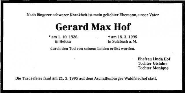 Hof Gerard Max 1926-1995 Todesanzeige